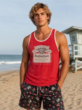 Budweiser American Classic Tank Top & Party Pants Red Cup Swim Trunks Men’s M/L